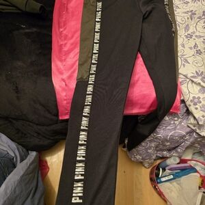 PINK Victoria's Secret Black and Green Leggings with Stylish Side Detail